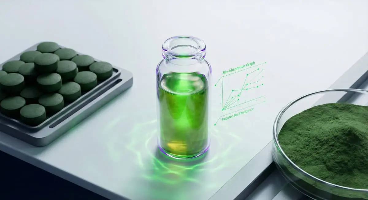 Формы выпуска хлореллы: концентрат в стеклянном флаконе, порошок в чашке Петри и таблетки, рядом с графиком биодоступности.
