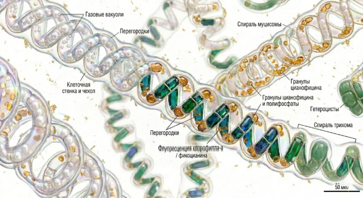 Структура спирулины и флуоресценция фикоцианина